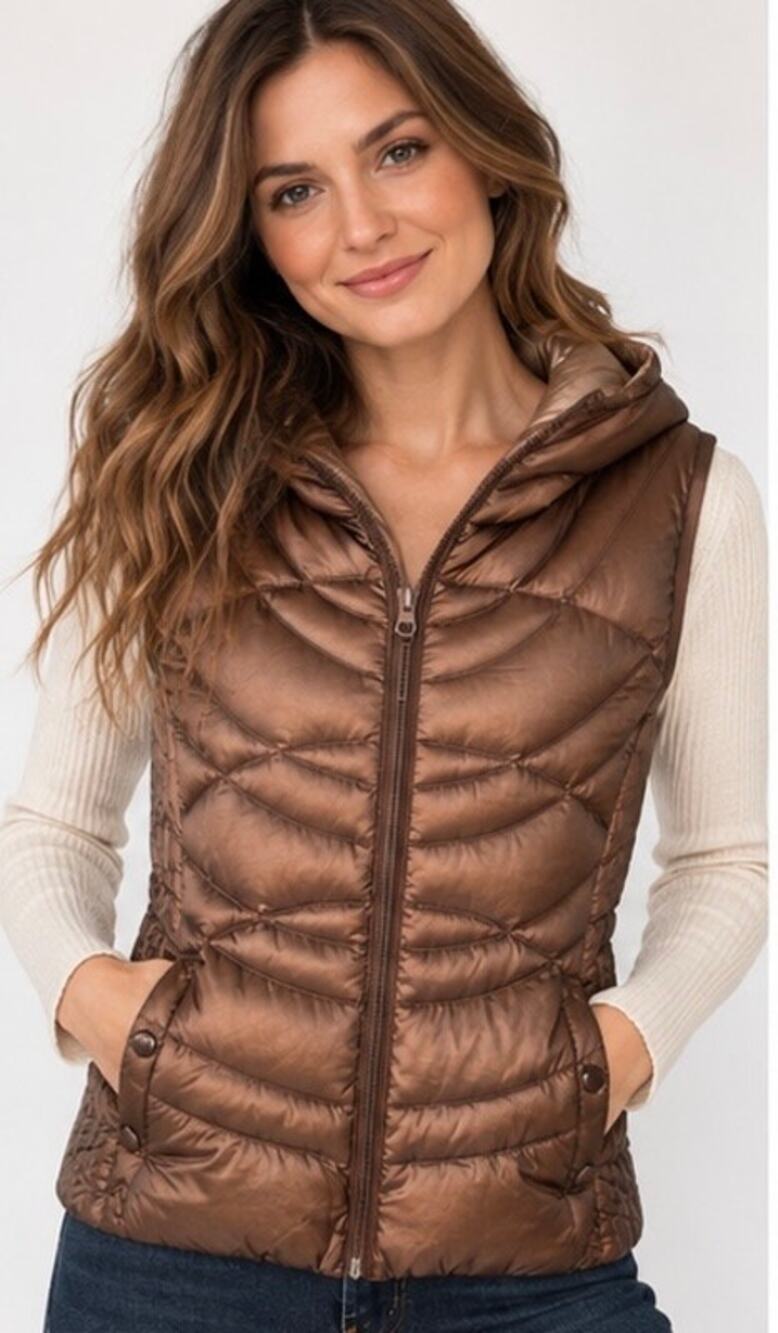 Bernardo Copper Brown Down-Filled Quilted Hooded Puffer Vest, M